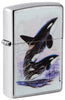 Zippo lighter front view ¾ angle chrome plated with coloured illustration of two killer whales drawn by Guy Harvey
