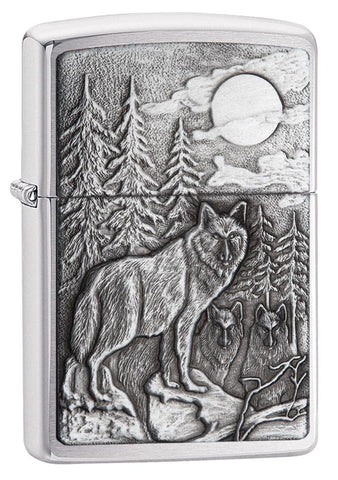 20855, Timberwolves in the Forest at Night with Glowing Moon, Silver Emblem on Brushed Chrome Finish