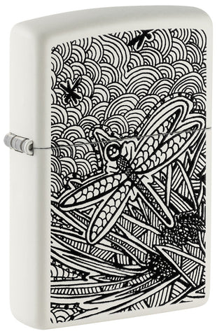 Zippo lighter front view ¾ angle white matt with illustration of a dragonfly in the style of aboriginal art