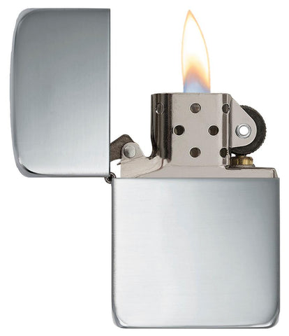 Zippo Lighter 1941 Replica in sterling silver front view opened and lit in high polished silver optic