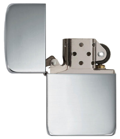 Zippo Lighter 1941 Replica in sterling silver front view opened in high polished silver optic
