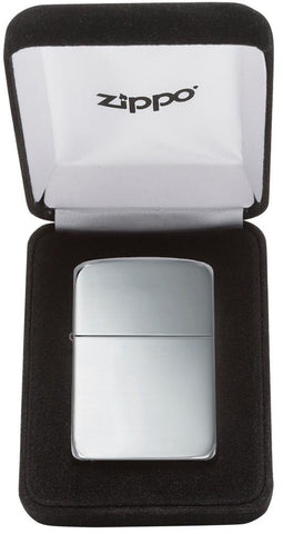 Zippo Lighter 1941 Replica in sterling silver front view in high polished silver optic in noble gift box