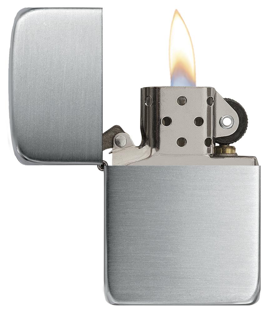 Zippo Lighter 1941 Replica in sterling silver front view opened and lit in satin silver optic