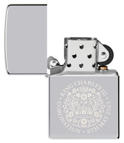 Front view of the extinguished Zippo King Charles Coronation storm lighter, without flame