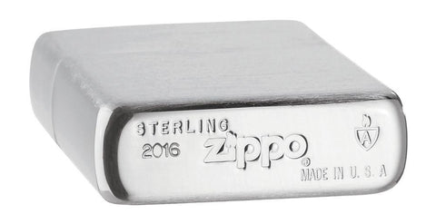Armor® High Polish Sterling Silver Windproof Lighter laying flat showing the bottom stamp