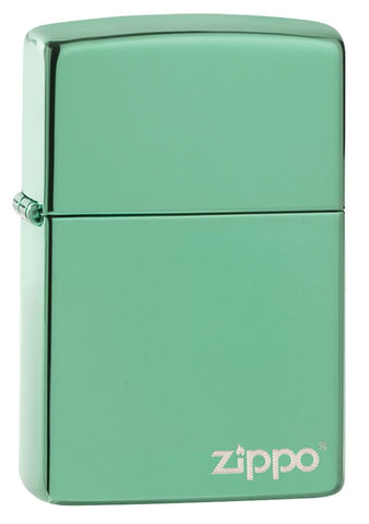 Front view of Classic High Polish Green Zippo Logo Windproof Lighter standing at a 3/4 angle