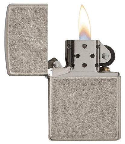 Armor™  Antique Silver Plate Windproof Lighter with lid open and lit