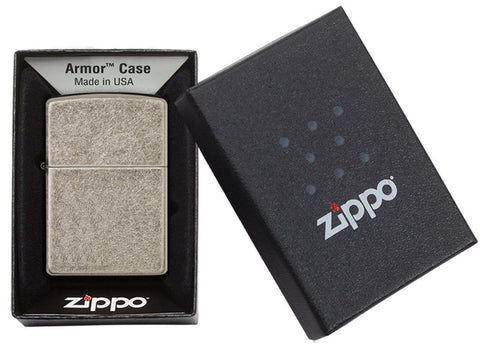 Armor™  Antique Silver Plate Windproof Lighter in its packaging