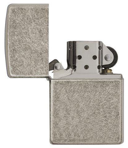 Armor™  Antique Silver Plate Windproof Lighter with its lid open and unlit