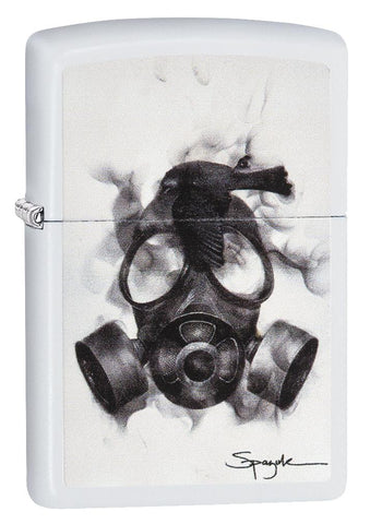 29646, Steven Spazuk Art with Black Bird Resting on a Smoking Gas Mask, Color Image, White Matte Finish