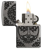 Armor® Tree of Life Windproof Lighter with its lid open and lit
