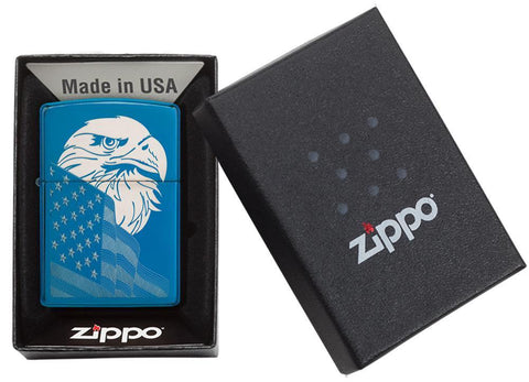 29882 High Polish Blue Eagle and Flag Windproof Zippo Lighter