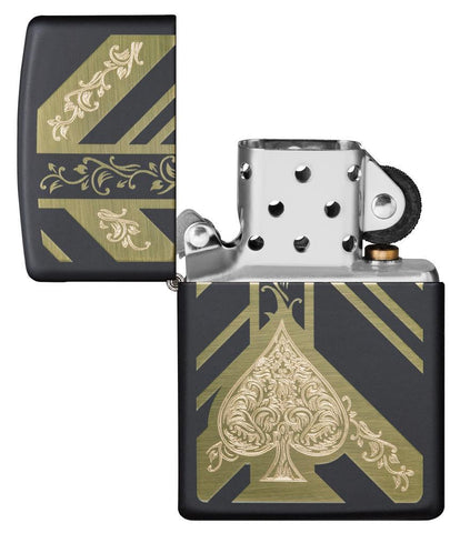 Black Matte Ace of Spades Windproof Lighter with its lid open and unlit