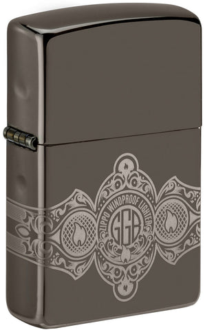 Zippo Lighter Front View ¾ Angle Black Ice® with 360° Engraving of Zippo Flames and Logo in Cigar Band Design