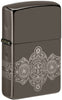 Zippo Lighter Front View ¾ Angle Black Ice® with 360° Engraving of Zippo Flames and Logo in Cigar Band Design