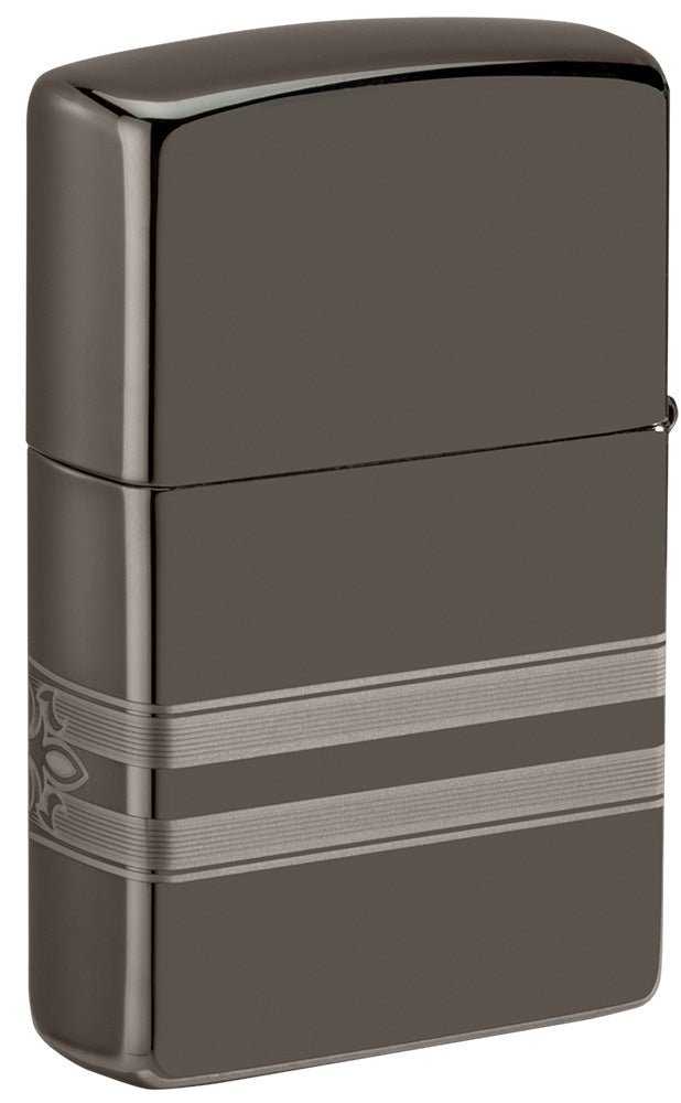 Zippo Lighter Back View Black Ice® with 360° Engraving of Zippo Flames and Logo in Cigar Band Design