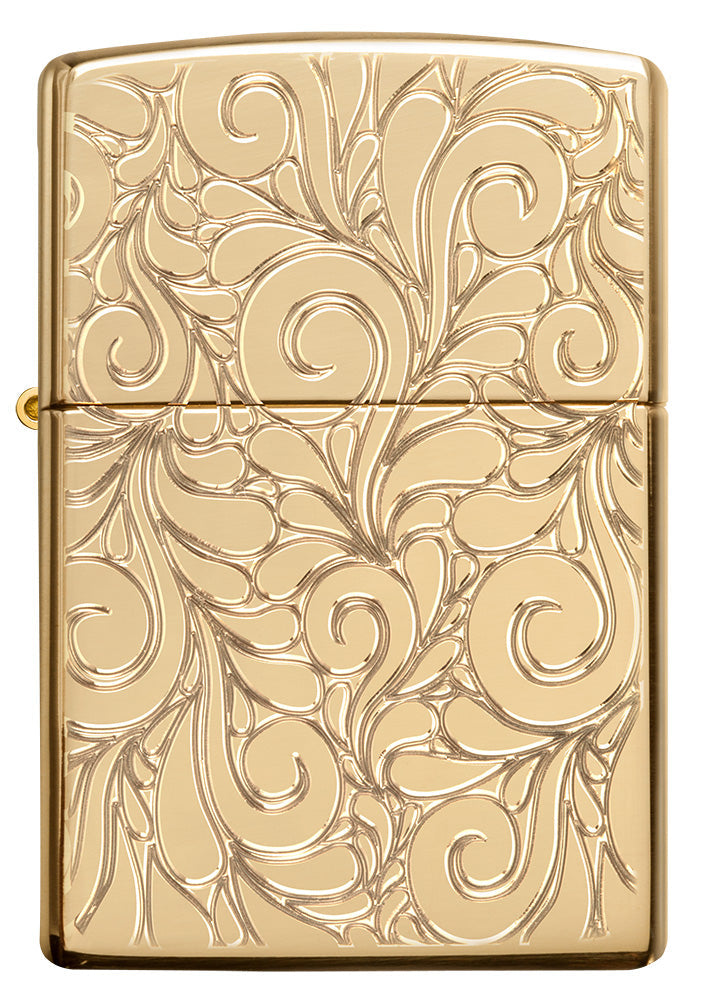 Zippo Lighter Front View Armor® highly polished brass with deeply engraved squiggly lines.
