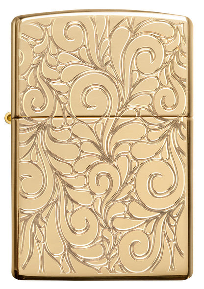 Zippo Lighter Front View Armor® highly polished brass with deeply engraved squiggly lines.