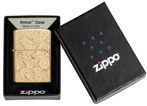 Zippo lighter front view Armor® highly polished brass with deeply engraved squiggly lines in open gift box