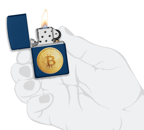 Zippo lighter front view opened and lit in navy blue with textured image of a bitcoin in stylised hand