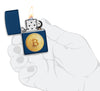 Zippo lighter front view opened and lit in navy blue with textured image of a bitcoin in stylised hand