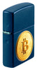 Zippo Lighter Side View ¾ Angle in Navy Blue with Textured Image of a Bitcoin