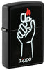 Zippo lighter front view ¾ angle black matt with illustration of Zippo lighter in one hand and Zippo logo