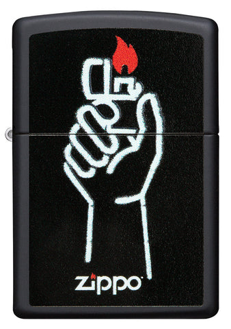 Zippo lighter front view black matt with illustration of Zippo lighter in one hand and Zippo logo