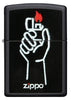 Zippo lighter front view black matt with illustration of Zippo lighter in one hand and Zippo logo