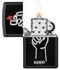 Zippo lighter front view black matt opened and lit with illustration of Zippo lighter in one hand and Zippo logo