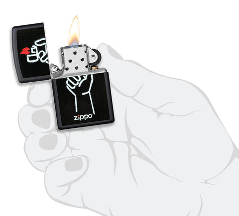 Zippo lighter front view black matt opened and lit with illustration of Zippo lighter in one hand and Zippo logo in stylised hand