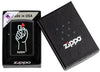 Zippo lighter front view black matt opened and lit with image of Zippo lighter in one hand and Zippo logo in open box with black light note
