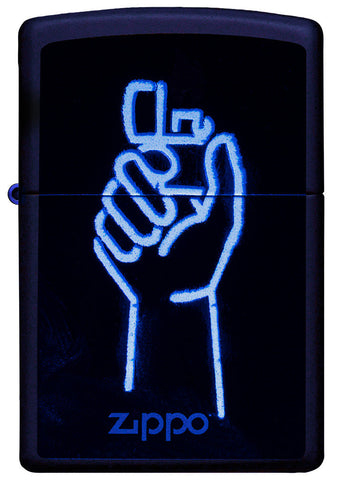 Zippo lighter night view ¾ angle black matt with glow in the dark image of Zippo lighter in one hand and Zippo logo