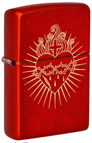 Zippo Lighter Front View ¾ Angle Metallic Red Engraved with the Sacred Heart of Jesus