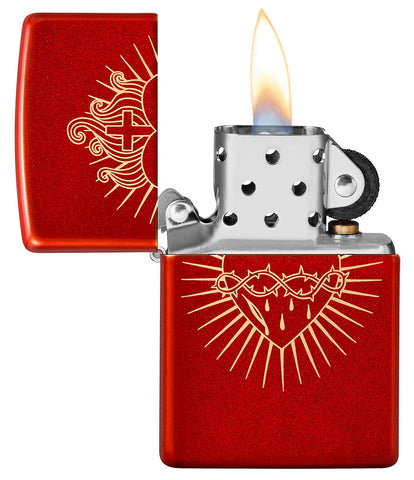 Zippo Lighter Front View Metallic Red Opened and Lit Engraved with the Sacred Heart of Jesus