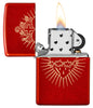 Zippo Lighter Front View Metallic Red Opened and Lit Engraved with the Sacred Heart of Jesus
