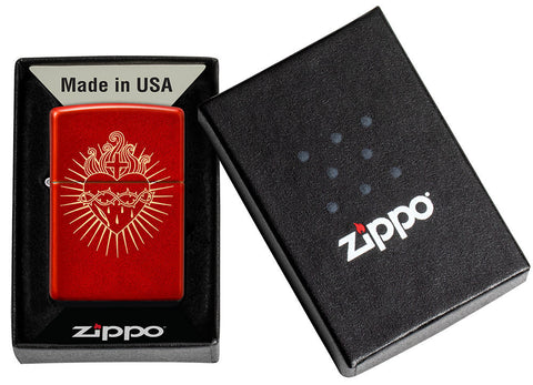 Zippo Lighter Front View Metallic Red Engraved with Sacred Heart of Jesus in Open Gift Box