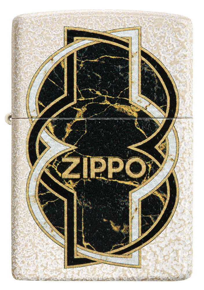 Zippo lighter front view in white Mercury Glass optic with black gold marbled shape in the middle wrapped by a white and a black line
