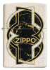 Zippo lighter front view in white Mercury Glass optic with black gold marbled shape in the middle wrapped by a white and a black line