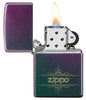 Zippo Lighter Front View Iridescent Matte Opened and Lit in Green Blue Purple with Squiggly Zippo Logo