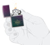Zippo Lighter Front View Iridescent Matte Opened and Lit in Green Blue Purple with Squiggly Zippo Logo in Stylised Hand