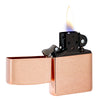 Zippo Lighter Front View Basic Model in Brushed Solid Copper and Black Insert Opened with Flame