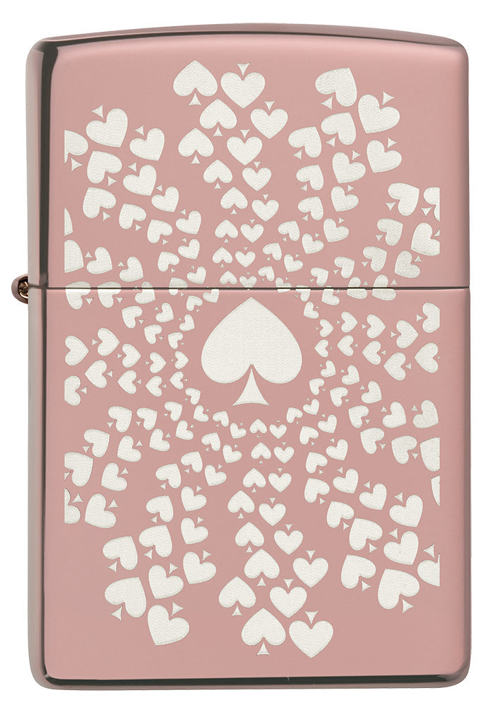 Zippo Lighter Front View High Gloss Rose Gold with Many Circular Aces on Chrome Background