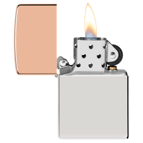Front view of the Zippo Bimetal Case Silver storm lighter open, with flame
