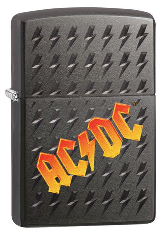 AC/DC® logo Grey Windproof Lighter standing at a 3/4 angle