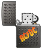 AC/DC® logo Grey Windproof Lighter with its lid open and unlit