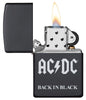 AC/DC® Back In Black windproof lighter with its lid open and lit