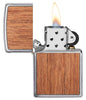 WOODCHUCK USA Mahogany Brushed Chrome windproof lighter with its lid open and lit