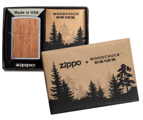 WOODCHUCK USA Mahogany Brushed Chrome windproof lighter in packaging