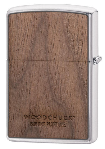 WOODCHUCK-USA-Walnut Brushed Chrome windproof lighter showing the back, standing at a 3/4 angle